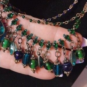 Vintage glass bead necklace blue and green 18" (sku 1079)